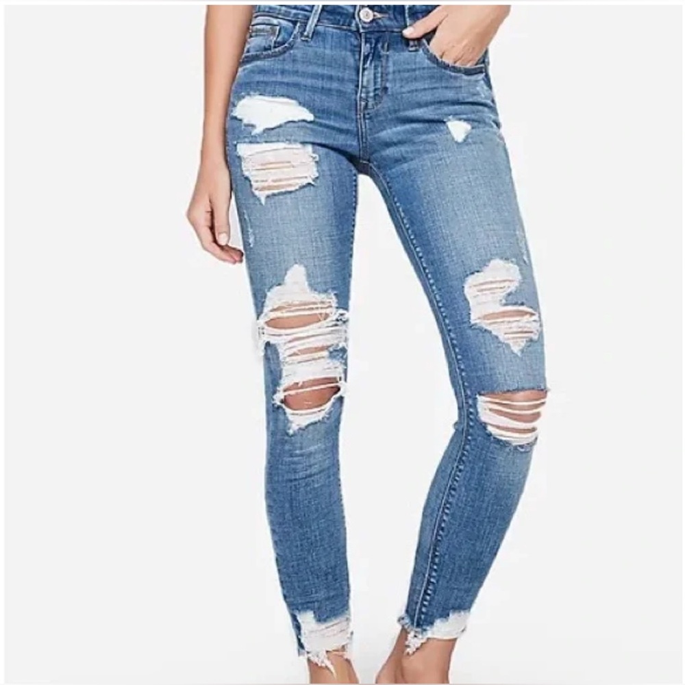 Express Ankle Mid Rise Ripped Blue Skinny Jeans